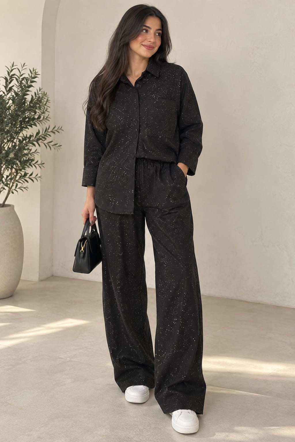 Midnight Sparkle Relaxed Shirt & Wide-Leg Pants Set