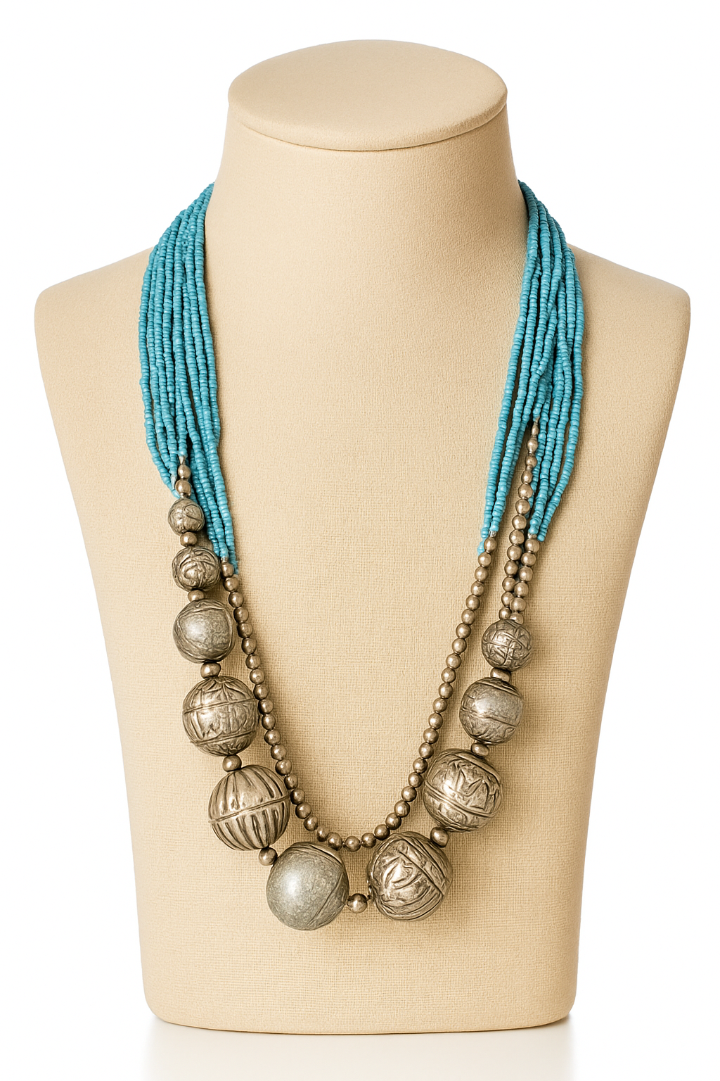 Turquoise Strand & Antique Silver Bead Necklace