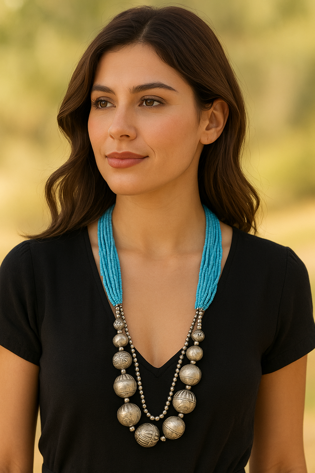 Turquoise Strand & Antique Silver Bead Necklace