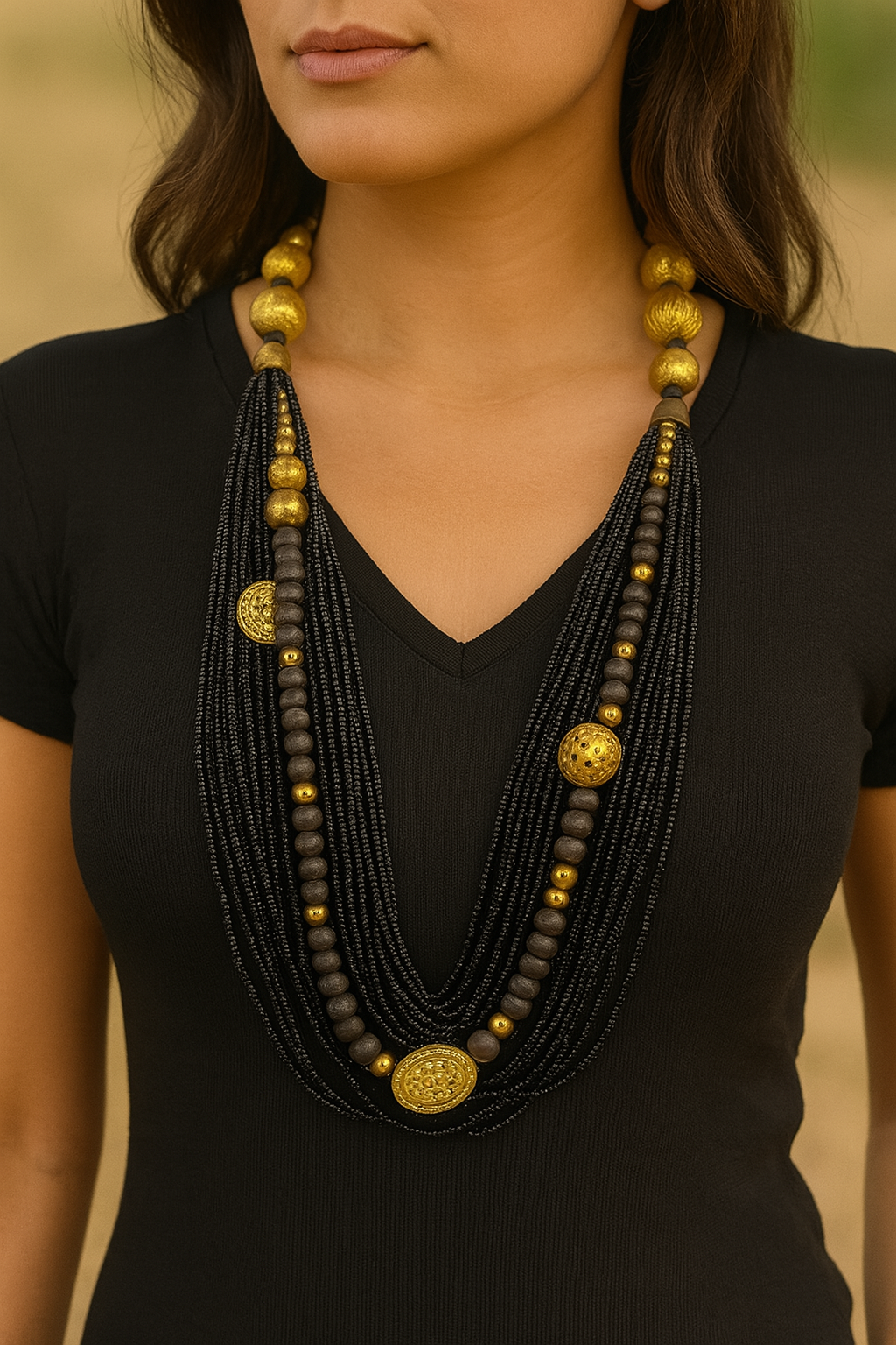 Black Multi-Strand Necklace with Gold Accents