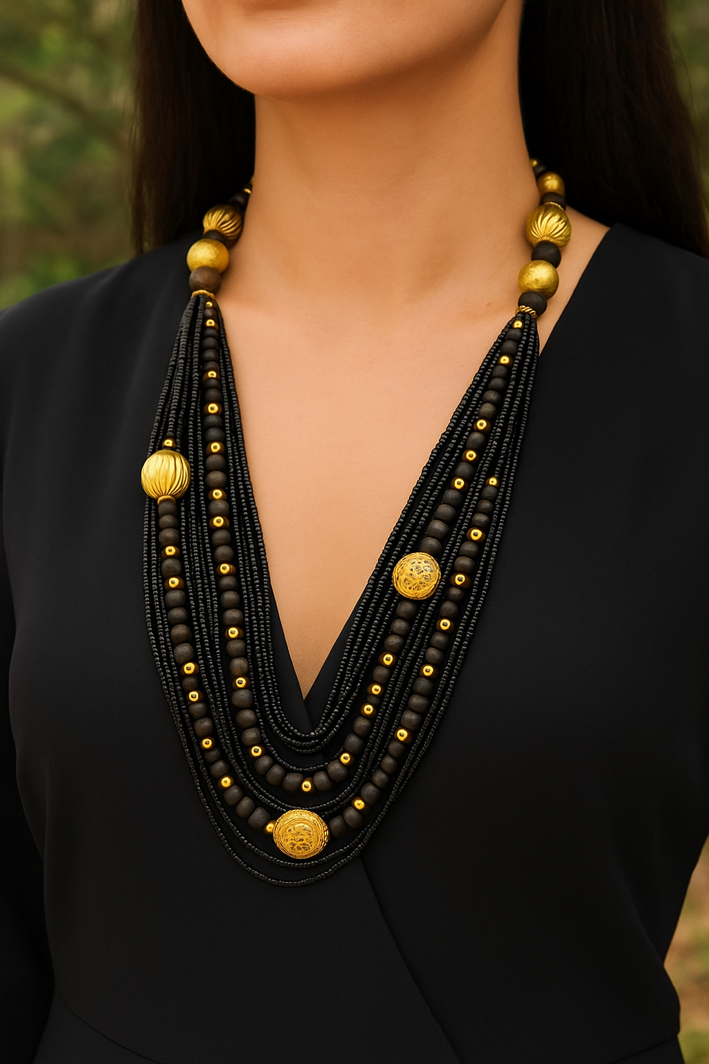 Black Multi-Strand Necklace with Gold Accents