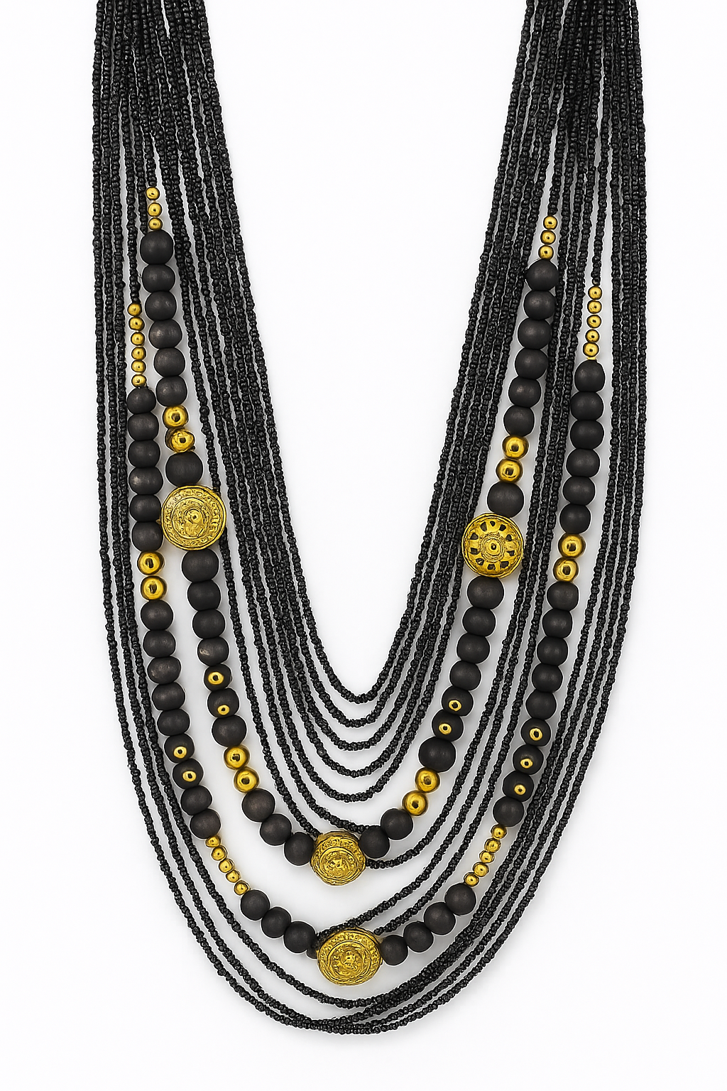 Black Multi-Strand Necklace with Gold Accents