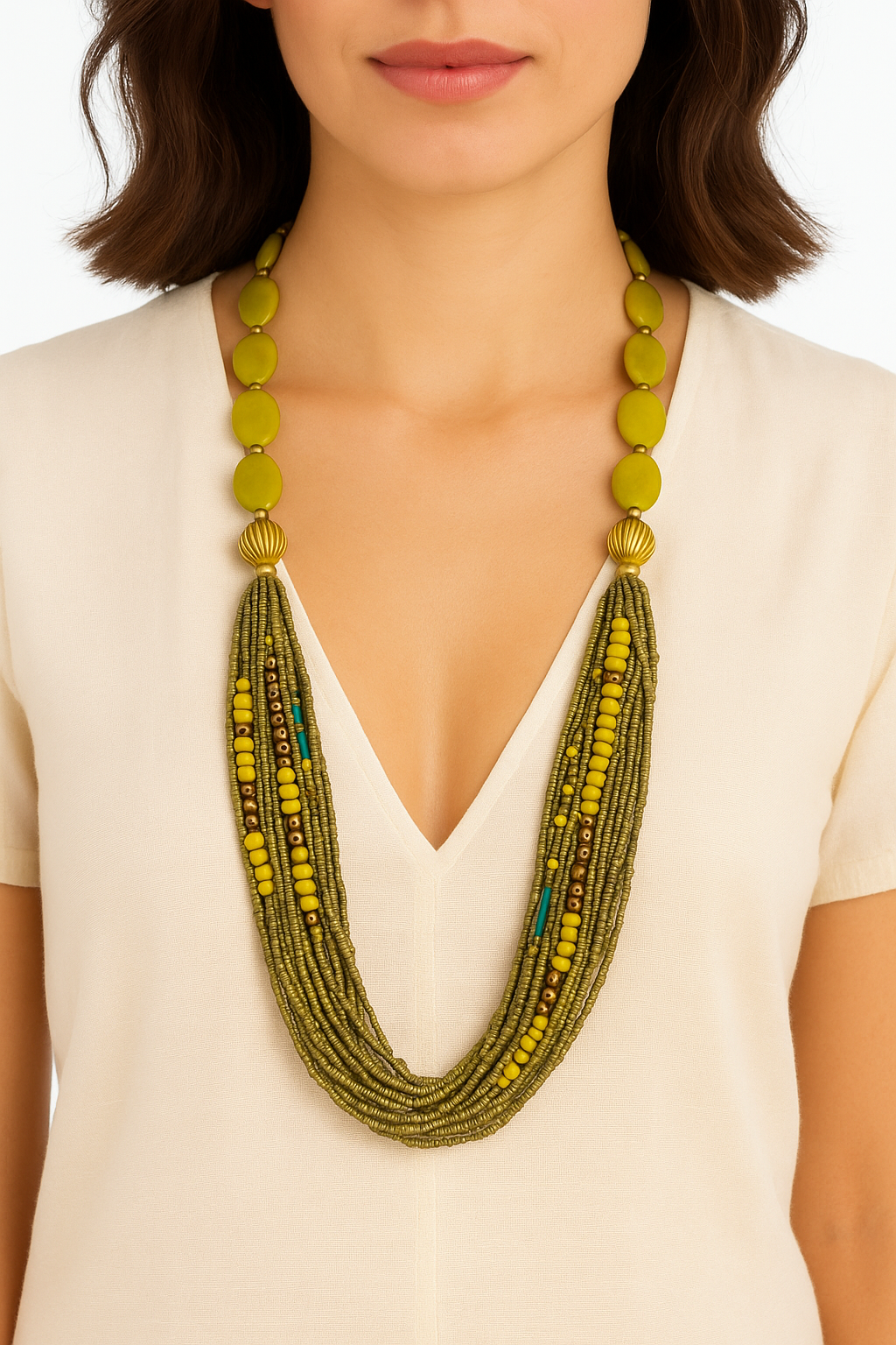 Olive & Mustard Multi-Strand Beaded Necklace