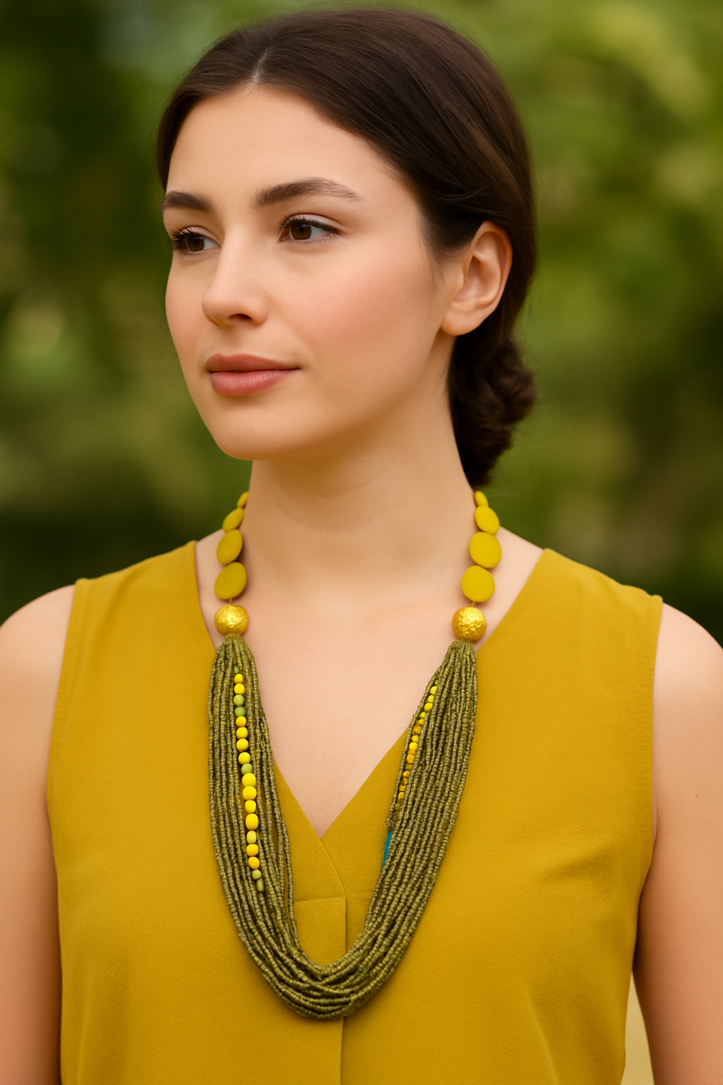 Olive & Mustard Multi-Strand Beaded Necklace