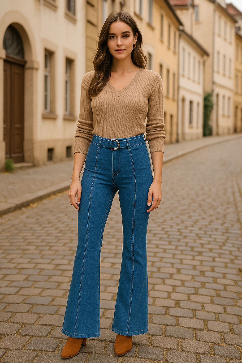 Retro Flare Belted Jeans