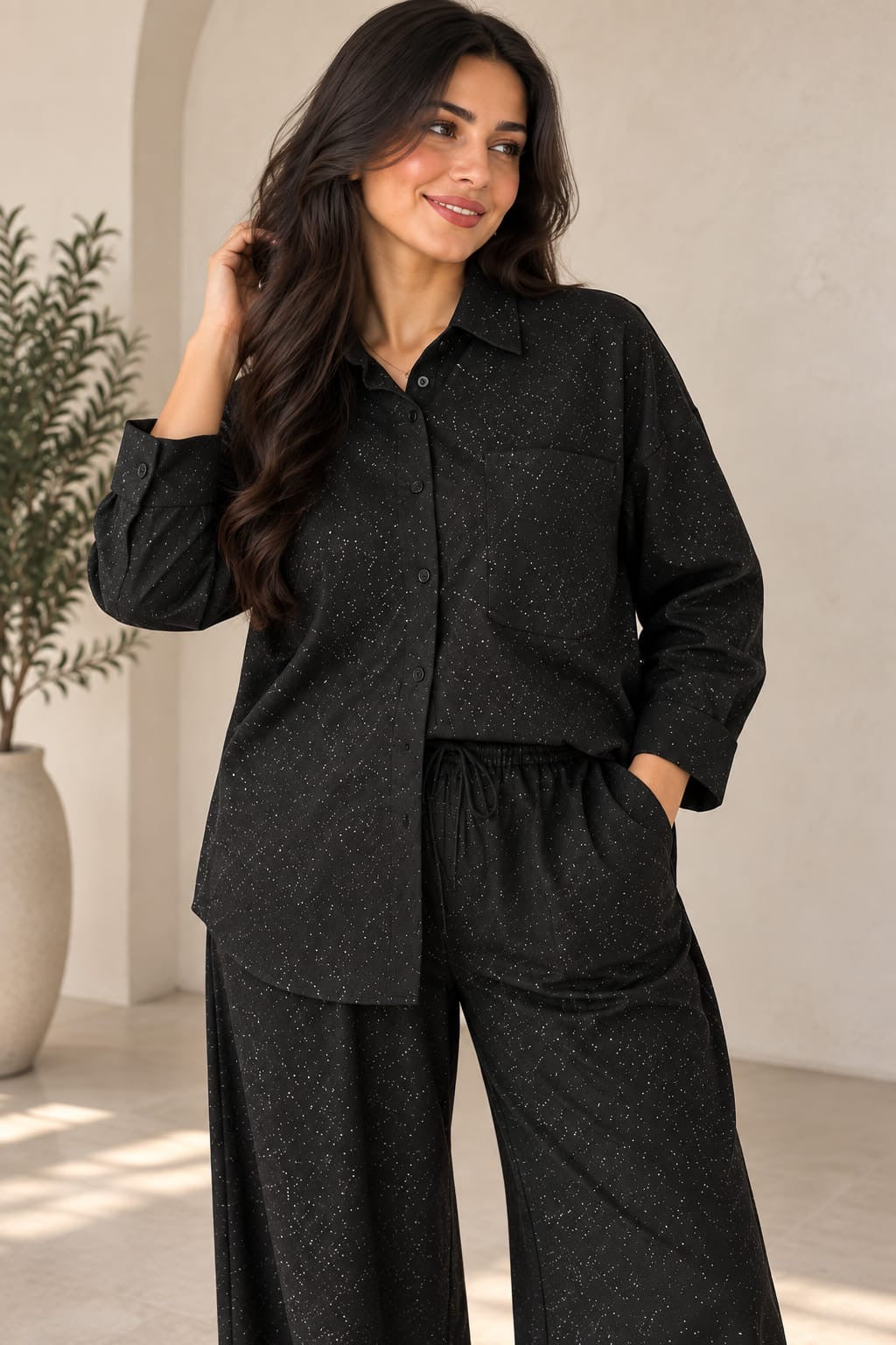 Midnight Sparkle Relaxed Shirt & Wide-Leg Pants Set