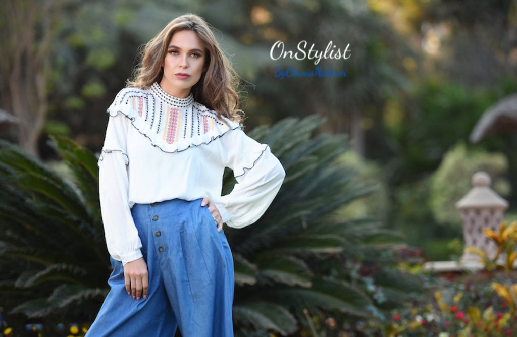 Embroidered High-Neck Ruffle Blouse