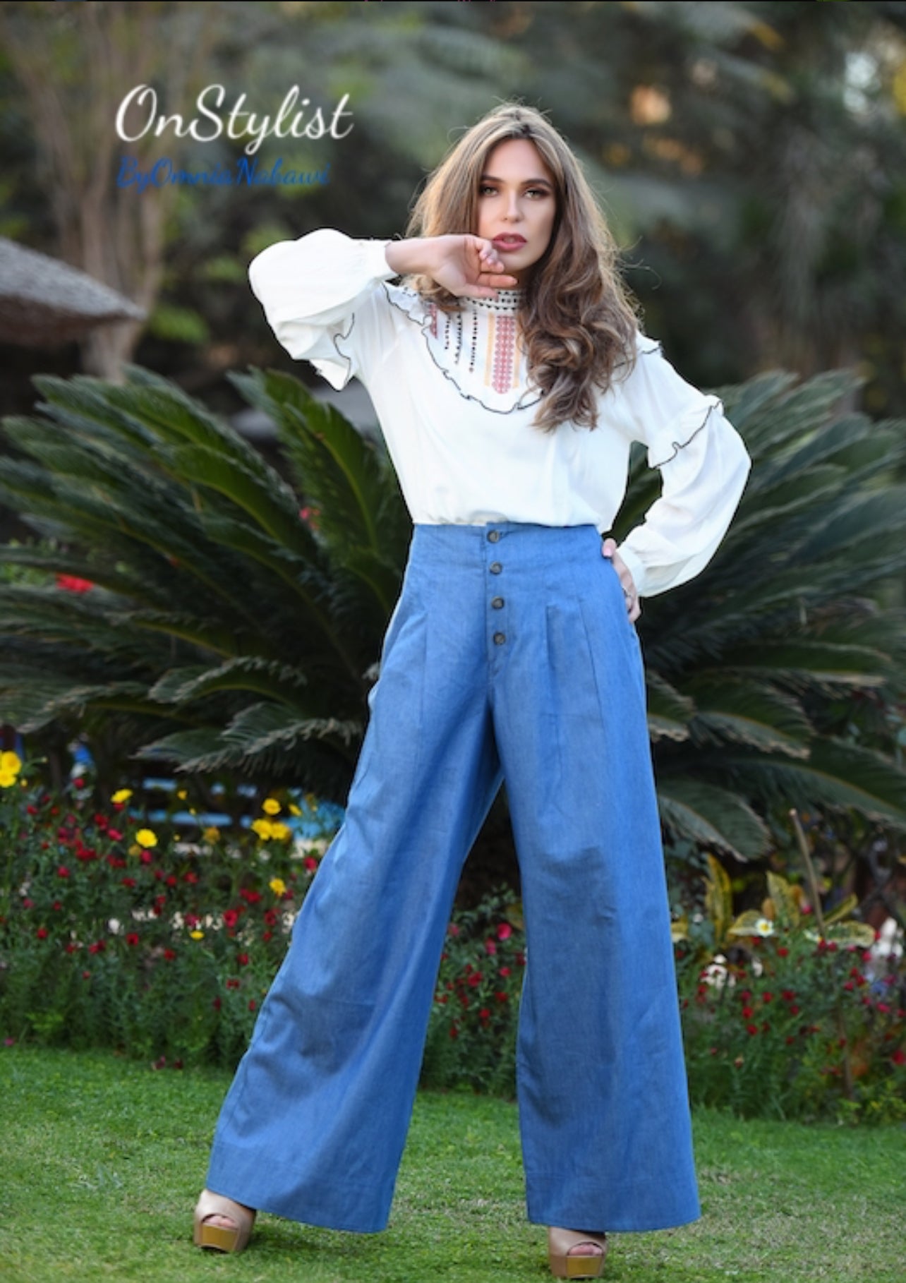 Embroidered High-Neck Ruffle Blouse