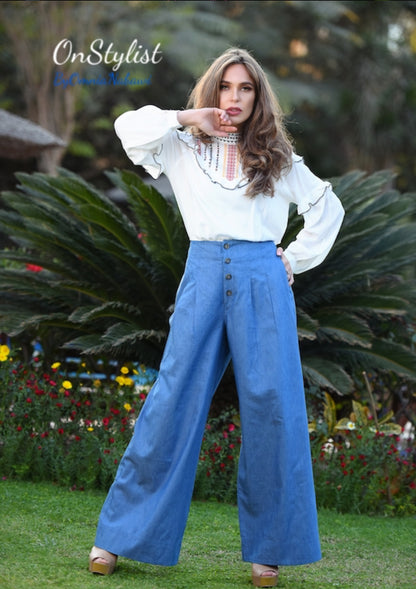 Embroidered High-Neck Ruffle Blouse