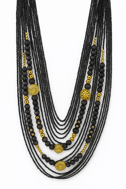 Black Multi-Strand Necklace with Gold Accents