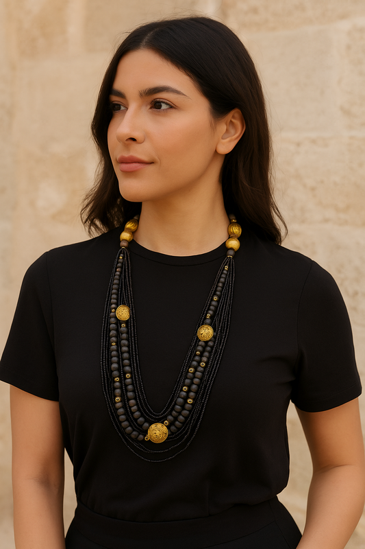 Black Multi-Strand Necklace with Gold Accents