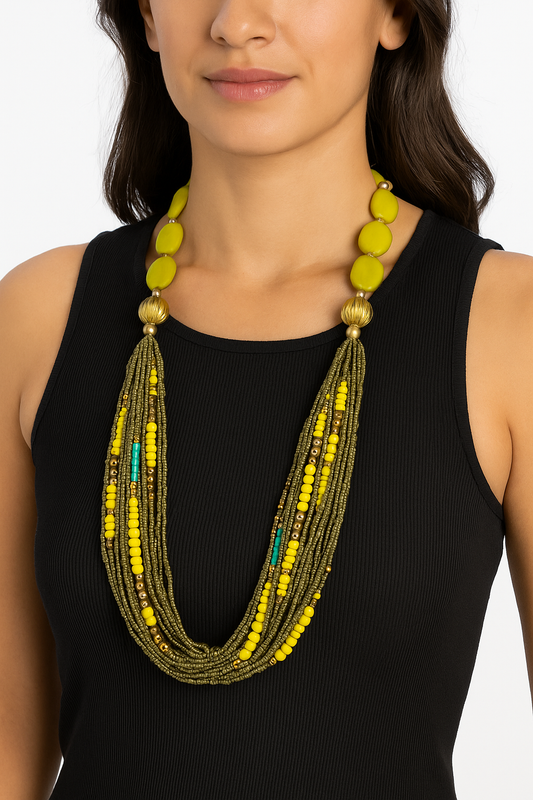 Olive & Mustard Multi-Strand Beaded Necklace