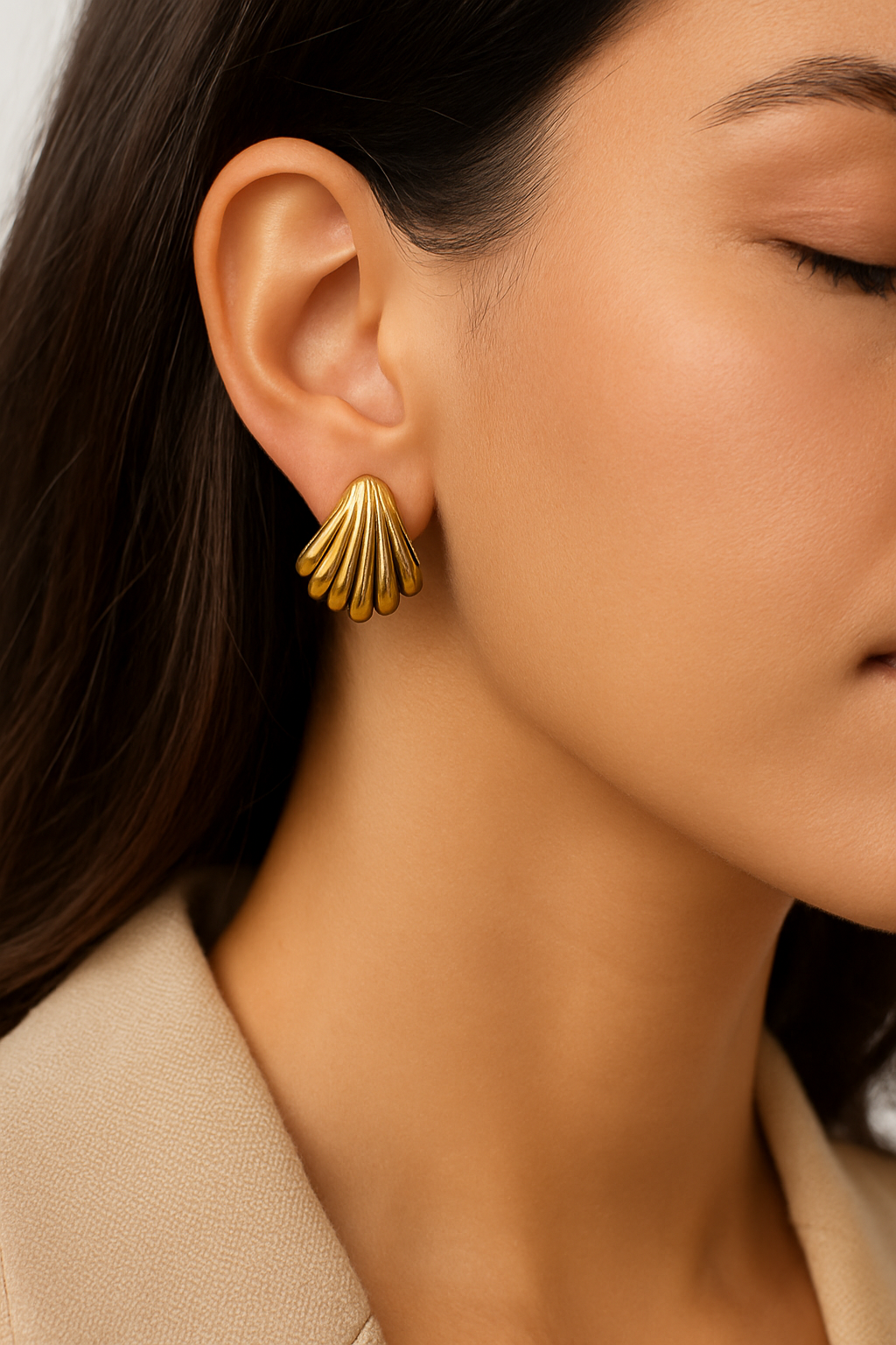 Gold Fan Shell Stud Earrings