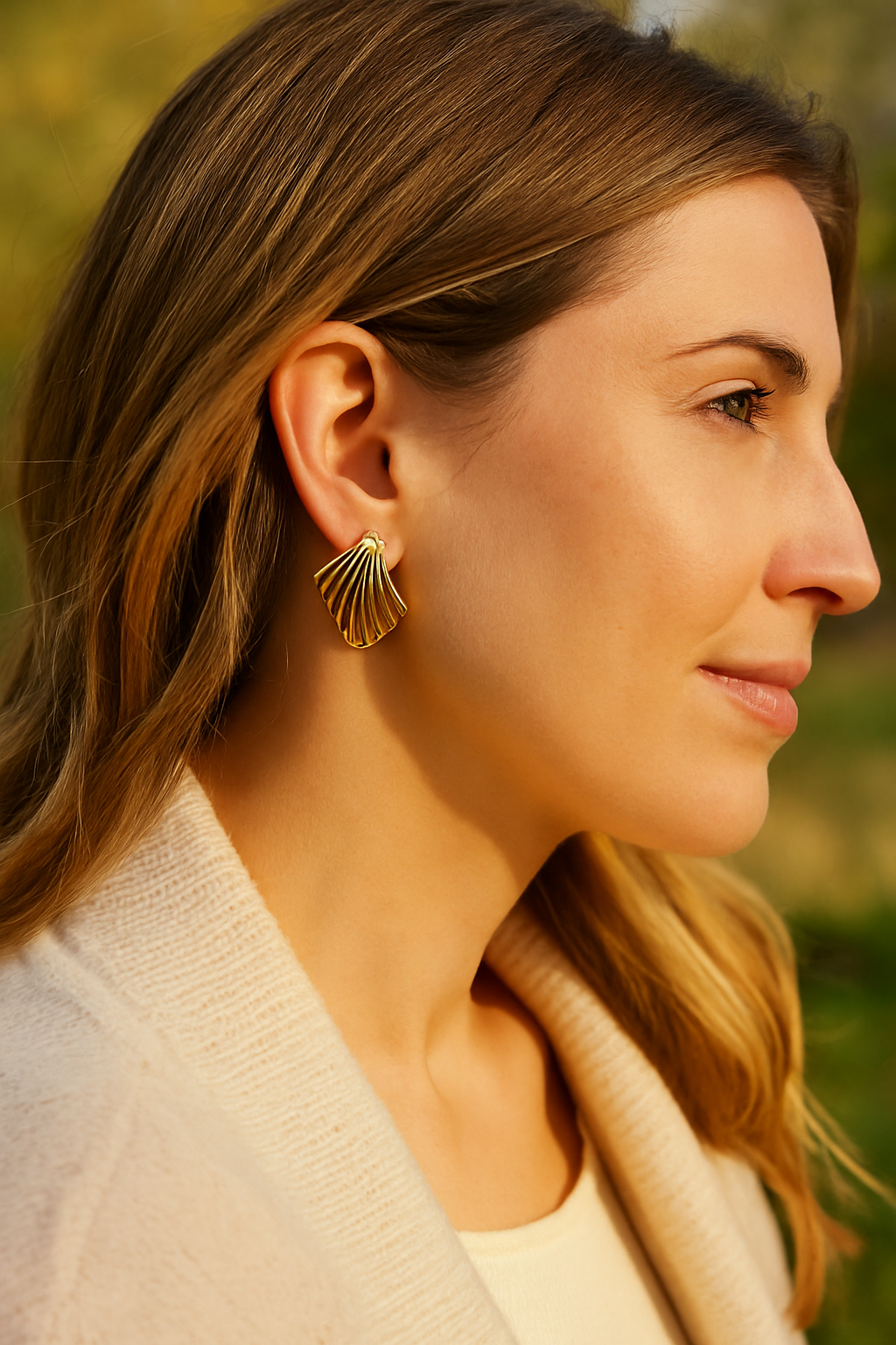 Gold Fan Shell Stud Earrings