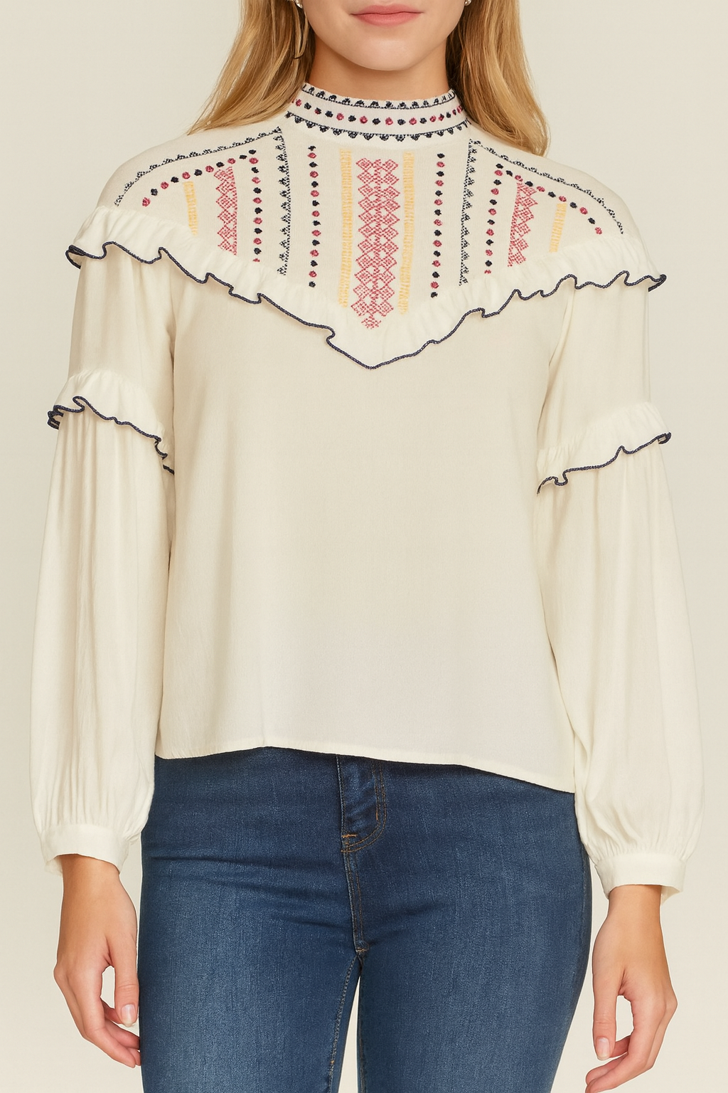 Embroidered High-Neck Ruffle Blouse