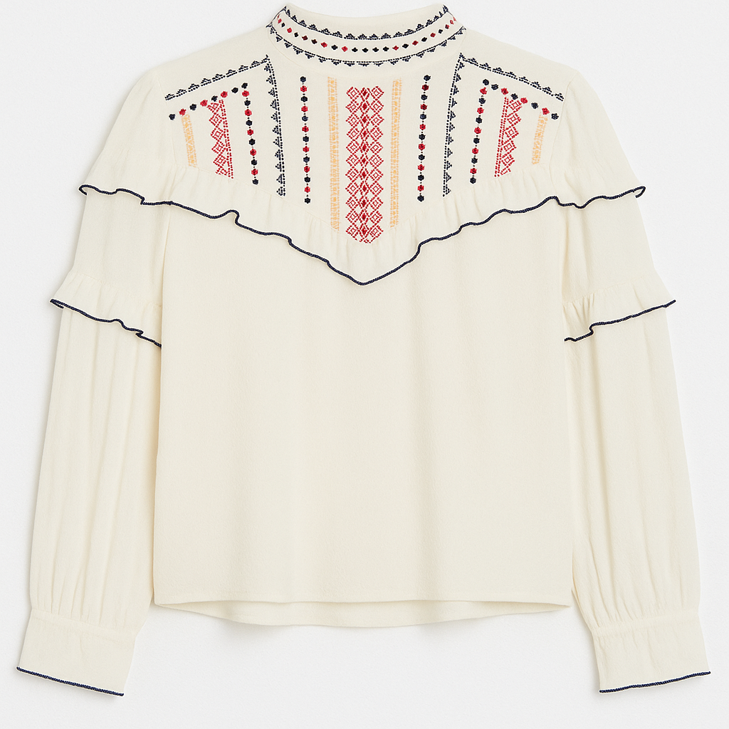 Embroidered High-Neck Ruffle Blouse