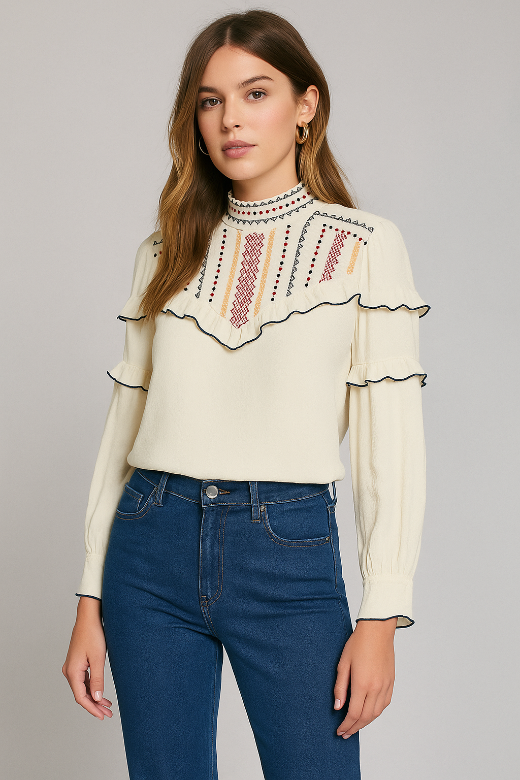 Embroidered High-Neck Ruffle Blouse