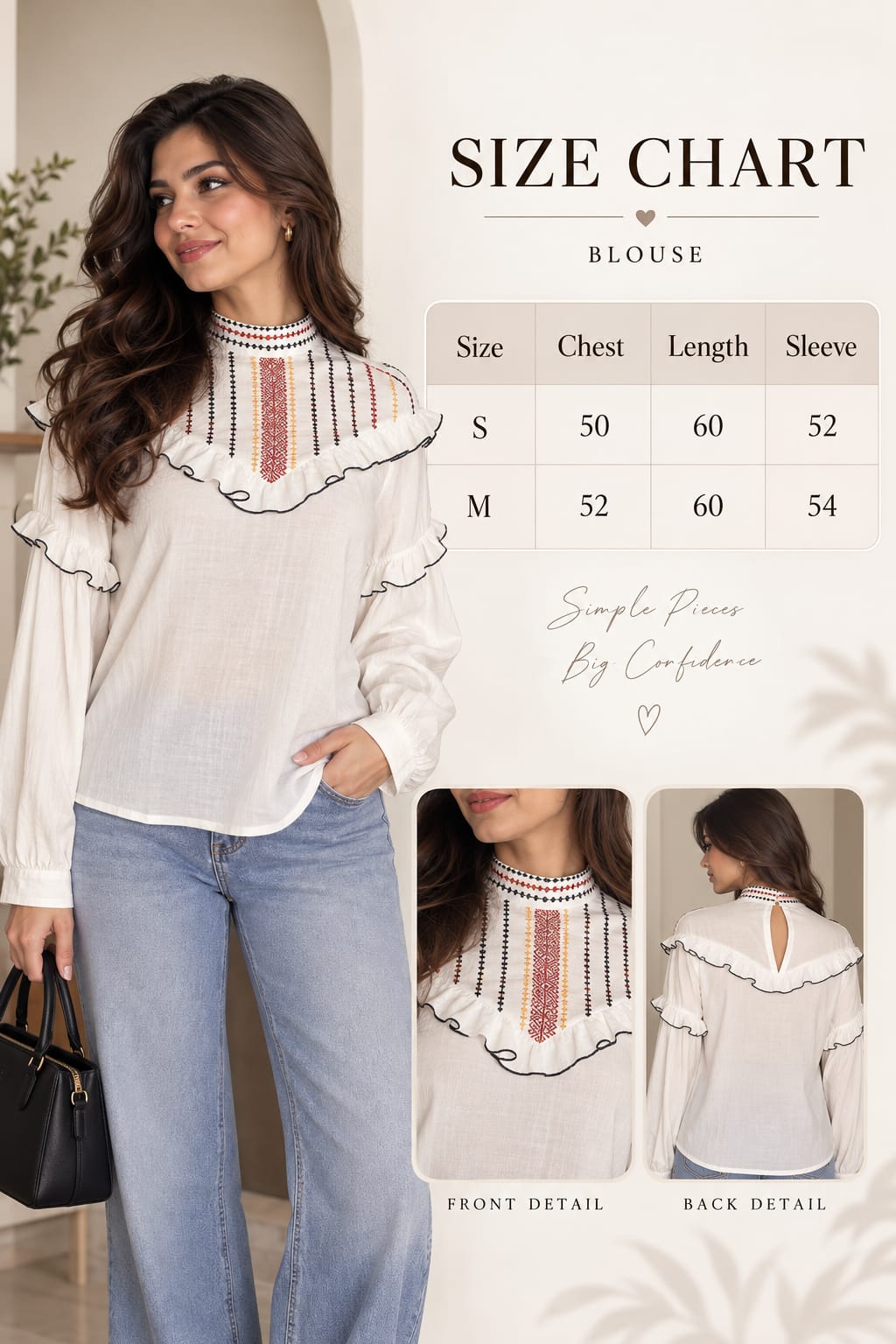 Embroidered High-Neck Ruffle Blouse